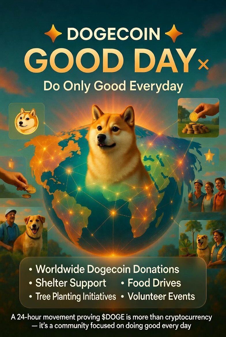 The image features a poster promoting a global event called "DOGECOIN Good Day" that aims to raise funds for various charitable causes, such as tree planting initiatives, shelter support, food drives, and other volunteer activities. The poster includes images of dogs and people interacting with each other in the background, emphasizing the sense of community and collaboration involved in the event. The post also mentions a 24-hour movement promoting Dogecoin donations to achieve the charitable goal for which it was created.