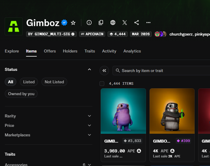 A dark-themed NFT marketplace interface for the collection 'Gimboz' displaying '4,444 ITEMS' with character cards showing different rarity levels and prices like '3,969.00 APE' and '4K APE'.
