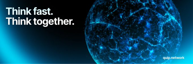 The image features a blue globe with cracks across its surface, which appears to be floating in space. The caption below the image reads "Think fast. Think together." This message seems to be related to the Quip network or a similar project, as indicated by the presence of the globe and the text.