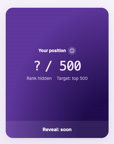 A purple gradient card displays "Your position: ? / 500" with "Rank hidden" and "Target: top 500" text, indicating a hidden rank on a waitlist of 500 spots, with "Reveal: soon" at the bottom. The card relates to the post by visualizing the user's anonymous spot on the Jumper waitlist, as referenced by the provided link.