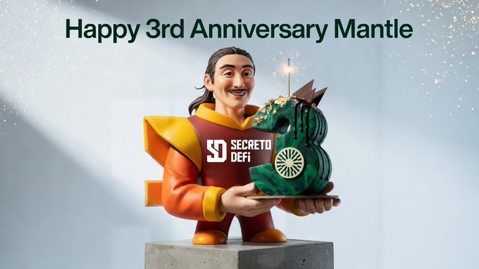 A 3D-rendered character holding a green dragon-shaped cake with "SD Secreto Defi" branding, beneath the text "Happy 3rd Anniversary Mantle." The image celebrates Mantle Network's 3-year anniversary with a personalized NFT avatar carrying a celebratory cake.