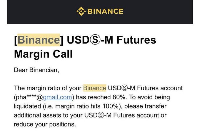 An email from Binance warning of a margin call on a USDⓈ-M Futures account, stating the margin ratio has reached 80%.