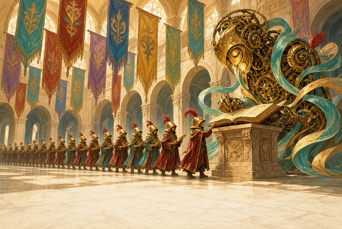 A grand hall scene featuring rows of armored soldiers in red cloaks and plumed helmets lined up before an ornate golden structure with flowing teal ribbons and colorful hanging banners.