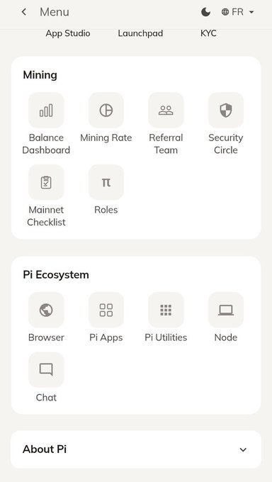 A redesigned Pi Network app menu dashboard, featuring organized sections for "Mining" (Balance Dashboard, Mining Rate, Referral Team, Security Circle, Mainnet Checklist, Roles) and "Pi Ecosystem" (Browser, Pi Apps, Pi Utilities, Node, Chat), illustrating the cleaner, more structured interface mentioned in the update.