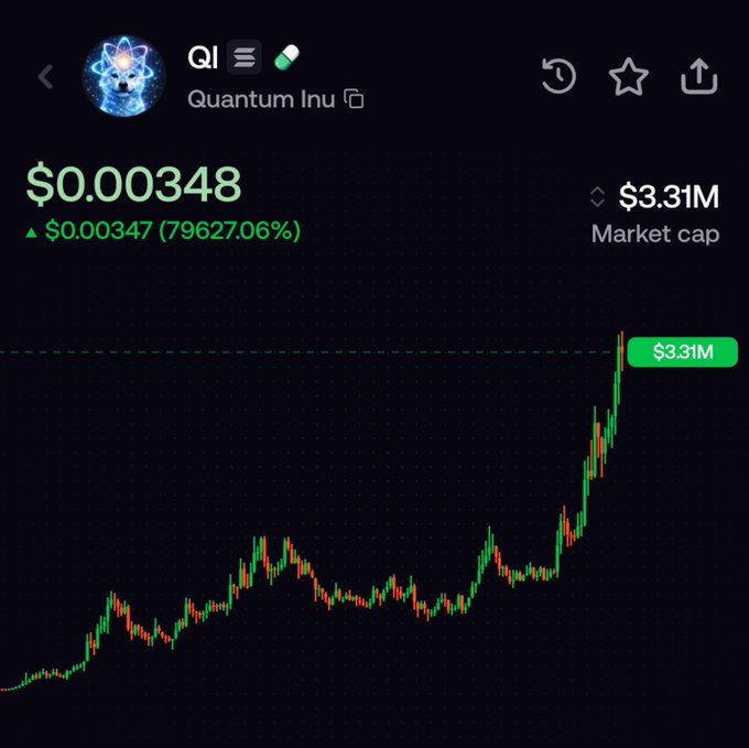 A cryptocurrency tracking app displays the price of 'Quantum Inu' (QI) at $0.000348 with a market cap of $3.31M, showing a significant upward trend on the candlestick chart.