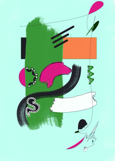 An abstract digital artwork featuring colorful brush strokes, shapes, and squiggles in green, pink, orange, black, and white against a light teal background.