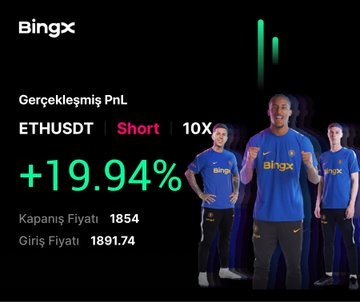 The image is a promotional graphic from BingX showing a "Gerçekleşmiş PnL" (Realized PnL) on an ETHUSDT Short position with 10X leverage, displaying a profit of +19.94% (entry price 1891.74, closing price 1854), featuring three men in blue BingX jerseys. It visually confirms the post's celebration of a profitable ETH short trade, with the screen "green" as described.