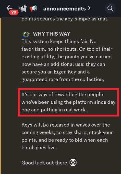 Telegram announcement explaining a point-based system for earning Eigen Keys, with the text 'WHY THIS WAY' and a highlighted note that it's a way of rewarding the people who've been using the platform since day one.