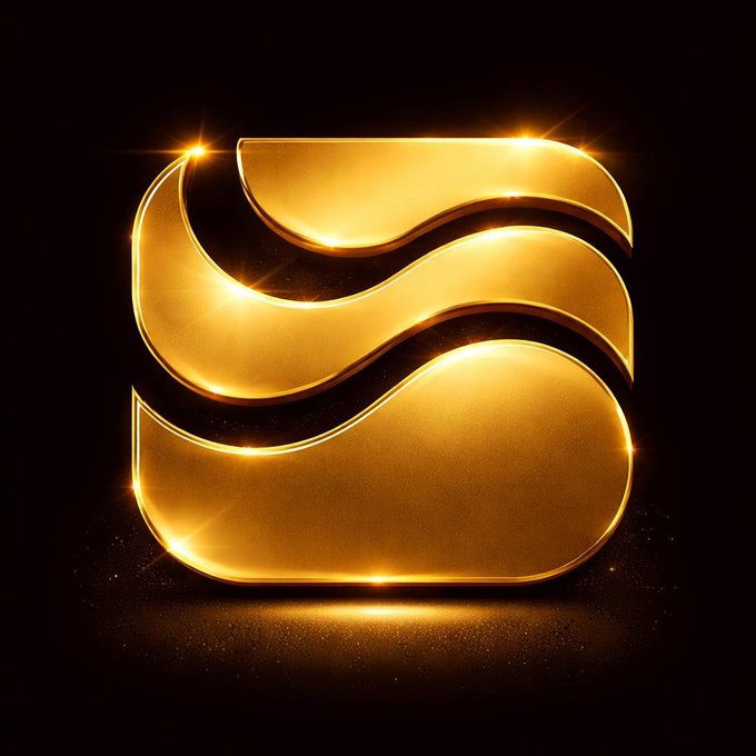 A stylized 3D golden logo or emblem with flowing wave-like shapes against a black background, sparkling with light reflections.