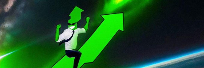A triumphant figure in a wizard hat stands atop a large green upward-pointing arrow, set against a cosmic background of aurora-like green lights and the curvature of Earth. The image visually conveys growth and success, fitting for the banner of the Solana token $SEND on Moby.