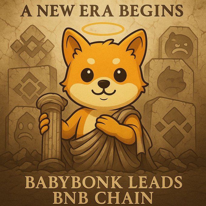 A promotional graphic featuring a cartoon Shiba Inu dog wearing a toga and a halo, holding a column, with text reading "A NEW ERA BEGINS" and "BABYBONK LEADS BNB CHAIN."