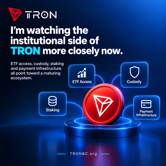 A promotional graphic for TRON (TRONBC.org) highlights the institutional side of the ecosystem, featuring icons for ETF Access, Custody, Staking, and Payment Infrastructure surrounding the TRON logo.