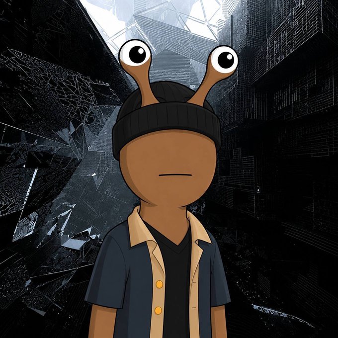A cartoon-style illustration of a brown character wearing a beanie with large eye-stalks and a short-sleeved shirt, standing in front of a dark, futuristic cityscape.