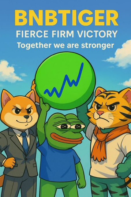 A cartoon Shiba Inu in a suit, Pepe the Frog, and a fierce tiger stand together holding a green logo with a rising chart, beneath the bold text "BNBTIGER — FIERCE FIRM VICTORY — Together we are stronger," visually embodying the post's message of a united, community-driven meme coin project with 22.6K+ holders and audit-verified credibility.