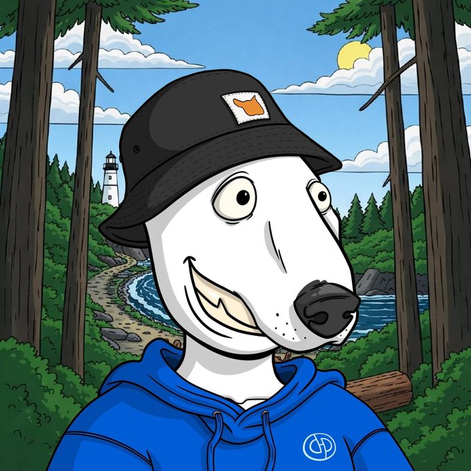 A cartoon white dog mascot wearing a black bucket hat with an orange patch and a blue hoodie (featuring a "GD" logo) smiles against a scenic backdrop of pine trees, a lighthouse, and water under a sunny sky. The friendly, approachable vibe pairs with the "Good Morning Web3" greeting to give a warm, casual welcome to the day.