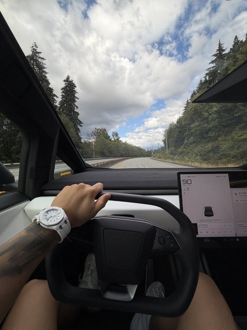 A driver's perspective inside a Tesla on Autopilot shows a hand on the yoke steering wheel, the dashboard display indicating 90 km/h, with a scenic forested highway ahead.