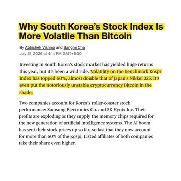 A news article screenshot headlined "Why South Korea's Stock Index Is More Volatile Than Bitcoin" by Abhishek Vishnoi and Sanomi Cha, dated July 31, 2026, highlights that the KOSPI has topped 60% volatility—nearly double Japan's Nikkei 225—surpassing Bitcoin's notorious price swings, with Samsung Electronics and SK Hynix driving the surge due to AI chip demand.