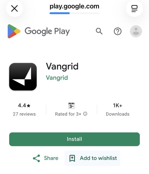 A Google Play Store screenshot showing the 'Vangrid' app listing with a 4.4 star rating from 27 reviews, rated for 3+, 1K+ downloads, and a green Install button.