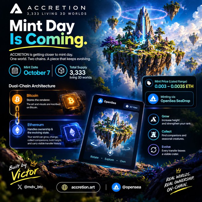 Promotional graphic for 'ACCRETION' NFT project announcing 'Mint Day Is Coming' on October 7, featuring 3,333 living 3D worlds on a dual-chain Bitcoin/Ethereum architecture, with OpenSea SeaDrop minting.