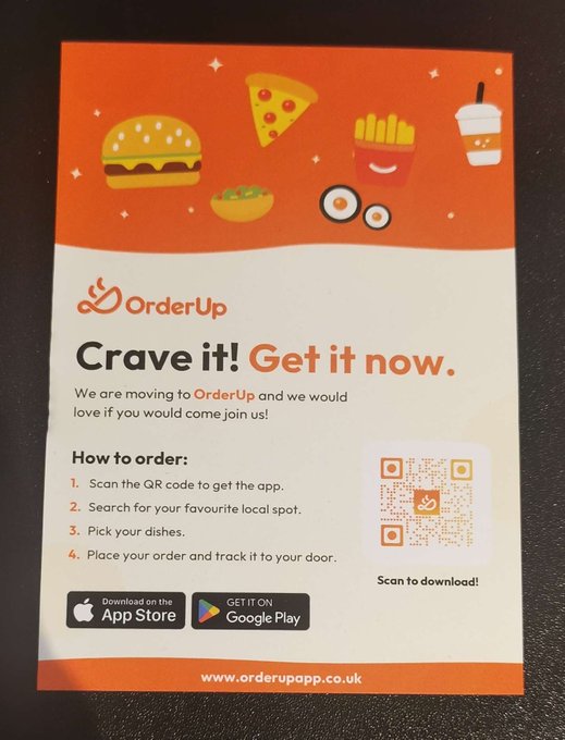 A promotional flyer for the 'OrderUp' food delivery app with the tagline 'Crave it! Get it now,' featuring a QR code for downloading from the App Store or Google Play.