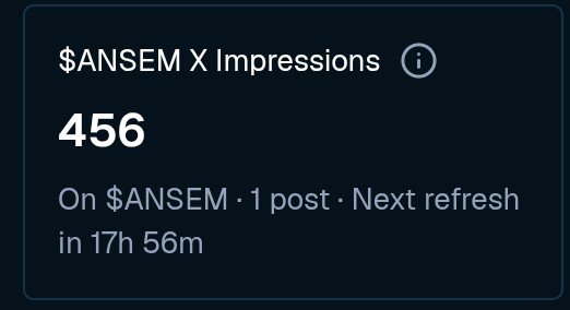 A dark dashboard widget displaying "$ANSEM X Impressions: 456" with a note showing 1 post and next refresh in 17h 56m.