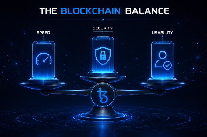 A digital infographic titled 'THE BLOCKCHAIN BALANCE' displaying three glowing blue pillars labeled SPEED, SECURITY, and USABILITY balanced on a scale with a stylized 'B' logo in the center.