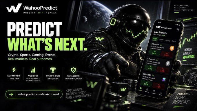 An advertisement for WahooPredict displays the tagline 'PREDICT WHAT'S NEXT.' with a futuristic astronaut helmet and phone showing live markets for BTC, ETH, and SOL crypto.