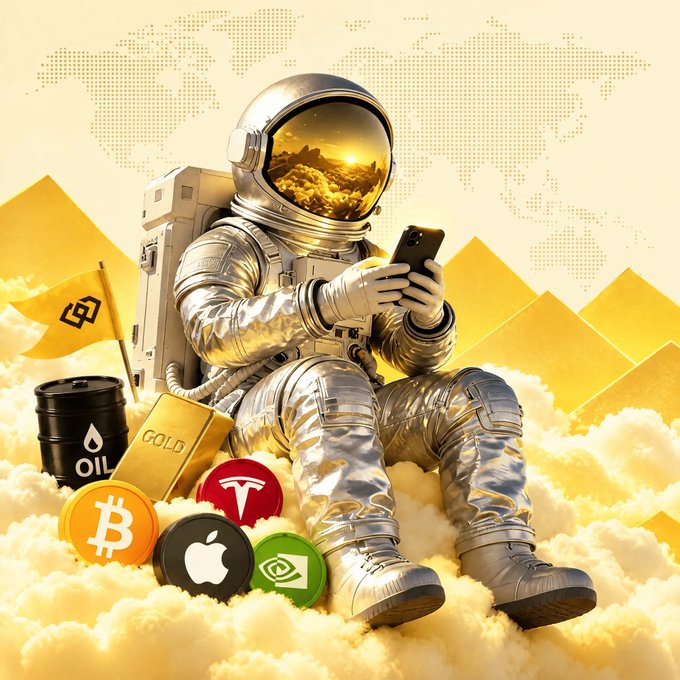 A digital illustration of an astronaut sitting on clouds checking a smartphone, surrounded by icons for Bitcoin, Tesla, Apple, Nvidia, oil, and gold, with a golden world map and pyramids in the background.