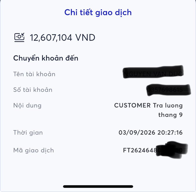 A Vietnamese bank transaction screenshot showing a transfer of 12,607,104 VND to Nguyen Van Duc with the note 'CUSTOMER Tra luong thang 9' dated 03/09/2026.