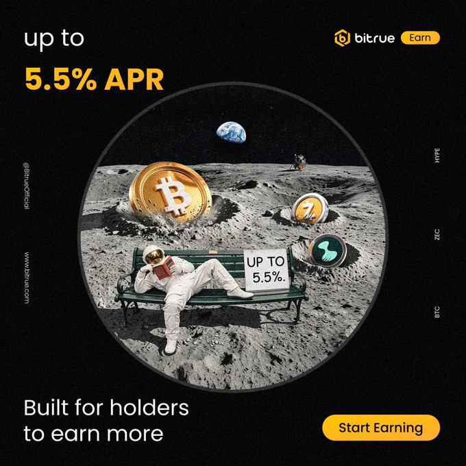 Bitrue cryptocurrency advertisement offering up to 5.5% APR, featuring an astronaut reading on a moon bench surrounded by Bitcoin and other crypto coins, with the tagline "Built for holders to earn more."