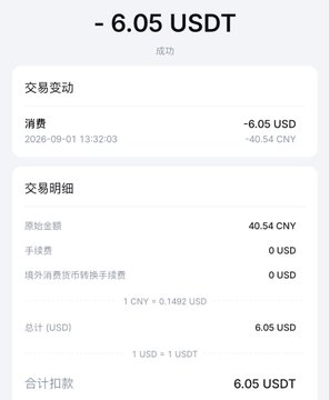 A Chinese payment transaction confirmation screen showing a successful payment of -6.05 USDT (equivalent to 40.54 CNY), dated 2026-09-01 13:32:03.