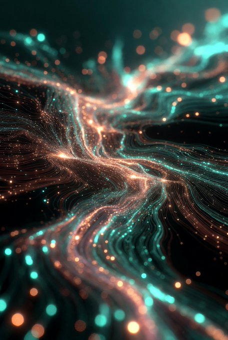 An abstract digital artwork featuring flowing, wave-like streams of glowing particles in teal and orange colors against a dark background, resembling energy currents or a stylized cosmic/quantum visualization.