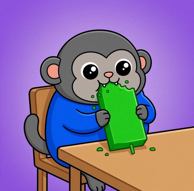 A cartoon monkey in a blue shirt sits at a wooden table, enthusiastically biting into a large green popsicle with crumbs scattered around. The playful "ape chewing" imagery perfectly complements the bullish crypto call-out to reverse higher, tying into the $SMOLAPE ticker shared in the post.