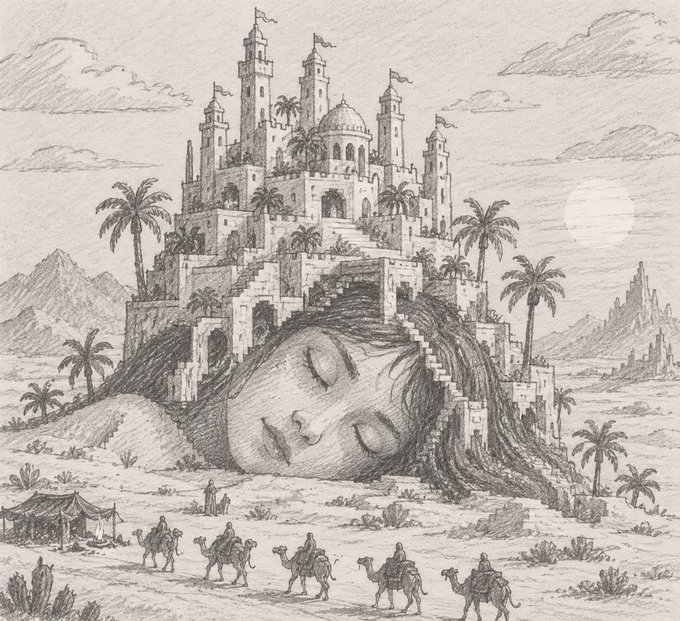 A detailed pencil sketch depicting a serene woman with closed eyes lying in a desert landscape, with an elaborate fantasy castle and palm trees built upon her hair while a caravan of camels travels below.