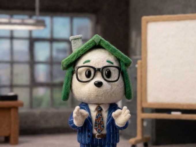 A small plush figure of a white dog character wearing black glasses, a green leafy hat, a blue pinstripe suit, and a patterned tie, standing in what appears to be a classroom.