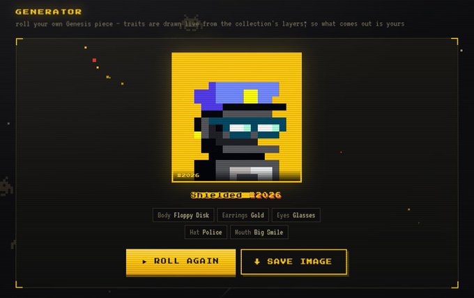 A digital NFT generator interface displays a pixel art character named 'Shieled #2026' with traits like Floppy Disk, Gold Earrings, Glasses, Police Hat, and Big Smile.