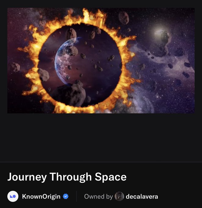 A digital artwork titled 'Journey Through Space' depicting a planet surrounded by a fiery ring of asteroids and cosmic debris, credited to KnownOrigin and owned by decalavera.