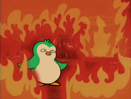 A cartoon green and white penguin character standing in front of an orange and red flames background.