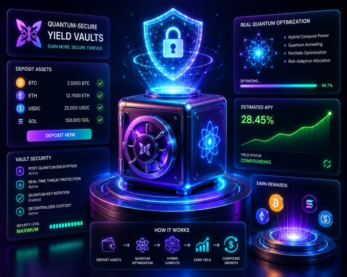 The image features a 3D rendering of a digital security system, specifically a Quantum secure vault. The vault has a blue shield with a lock symbol on top, surrounded by various icons representing different aspects of the security system. Below the vault, there is a list of updates and information about the vault's features and benefits.

The post also mentions that users can earn rewards from hybrid compute tasks using the Quantum secure vault. This implies that the vault offers an additional source of income for those who invest in it or use its services. The image showcases both the security system itself and the potential financial gains associated with it, making it a valuable resource for anyone interested in exploring new ways to protect their assets.