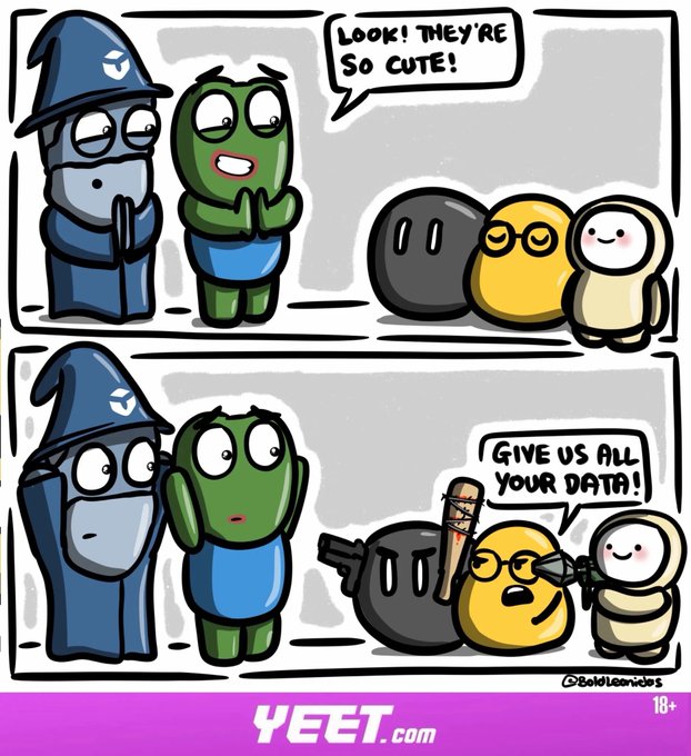 A wizard and green character admire three cute figures, only to be threatened with "Give us all your data!" while one holds a knife in the second panel, illustrating the deceptive threat behind seemingly innocent crypto and AI tech featured in the market update.