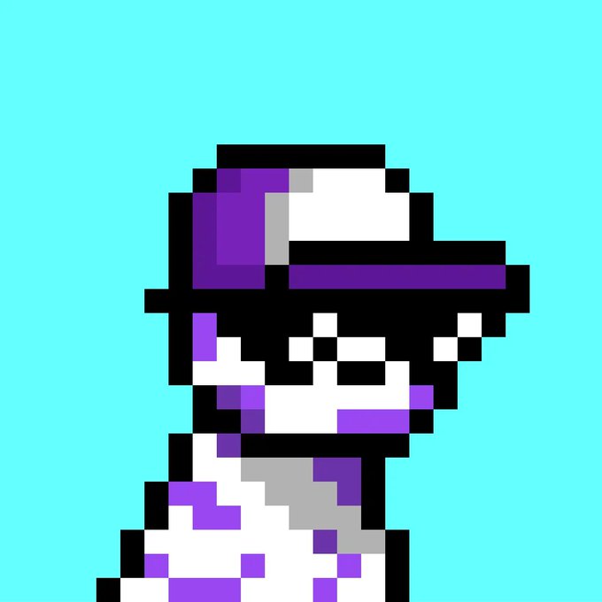 An 8-bit pixel art character with a purple cap and goggles against a teal background, in a retro video game style.