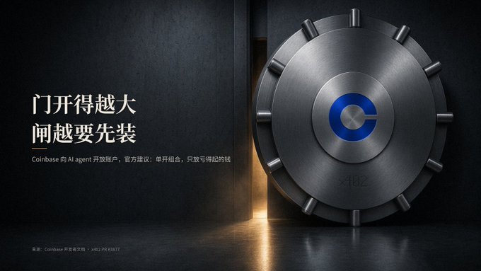 A dark promotional graphic shows a vault-like door opening with Chinese text “门开得越大 刚越要先装,” a smaller Chinese line, and a Coinbase AI-agent source line.