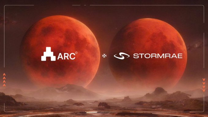 A promotional graphic featuring two large red moons over a planetary landscape, displaying the logos for ARC and STORMRAE separated by an asterisk.