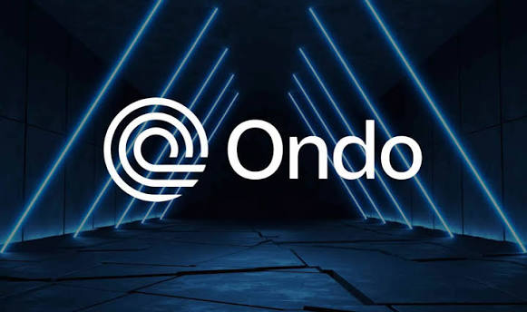 A logo featuring the word 'Ondo' next to a circular spiral design, set against a dark background with blue neon light beams.