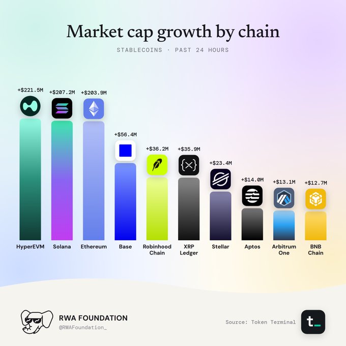 A bar chart titled 'Market cap growth by chain - STABLECOINS · PAST 24 HOURS' showing gains for HyperEVM (+$221.5M), Solana (+$207.2M), Ethereum (+$203.9M), and others, credited to 'RWA FOUNDATION' and sourced from 'Token Terminal'.