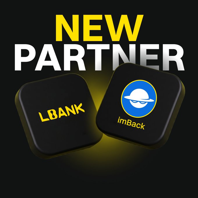 The graphic announces a "NEW PARTNER" collaboration between LBank (shown on a black tile) and imBack (displayed with its blue and yellow logo), supporting the post's news that imBack has joined as LBank's new security partner specializing in crypto asset, wallet, and private key recovery.