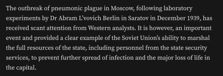 A text excerpt on a black background discusses the 1939 outbreak of pneumonic plague in Moscow following laboratory experiments by Dr. Abram L'vovich Berlin in Saratov, highlighting the Soviet Union's response to contain the spread. The image relates to the post's theme of historical Russian plague incidents resurfacing in current discourse about a lab-related plague outbreak.
