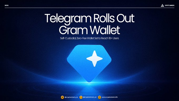A promotional graphic featuring the iconic blue Telegram paper plane logo centered against a dark background, with the headline "Telegram Rolls Out Gram Wallet" and subheading "Self-Custodial, Zero-Fee Wallet Set to Reach 1B+ Users" announcing the messaging platform's expansion into cryptocurrency wallets.