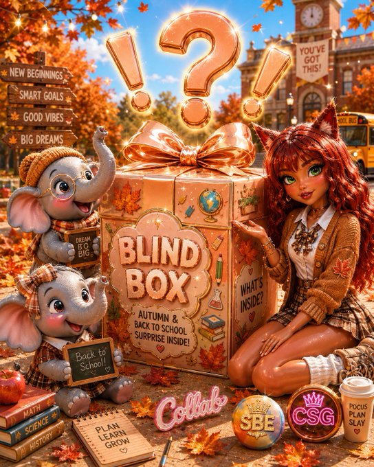 A vibrant promotional graphic for a 'BLIND BOX' featuring a red-haired anime-style catgirl character and two cute elephant mascots holding chalkboards that say 'Dream BIG!' and 'Back to School!', with 'AUTUMN & BACK TO SCHOOL SURPRISE INSIDE!' text and an 'SBE CSG Collab' badge.