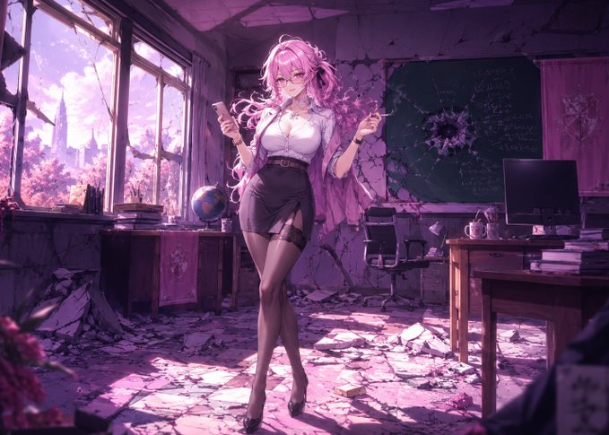 The image depicts an anime-style pink-haired woman in professional attire standing in a damaged classroom with shattered walls, a broken chalkboard, and sunlight streaming through broken windows, holding a phone and pen. The scene's post-apocalyptic academic setting metaphorically reinforces the post's message about BeldexCoin's privacy-focused blockchain infrastructure, suggesting the urgent need to rebuild and protect digital privacy in Web3.
